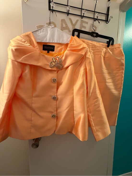 Moshita Couture Jackets & Blazers - Peach Satin Women's Jacket & Skirt Set